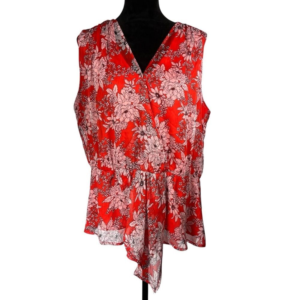 Vince Camuto Red Floral Sleeveless Blouse Chiffon v-Neck Asymmetrical Summer Top